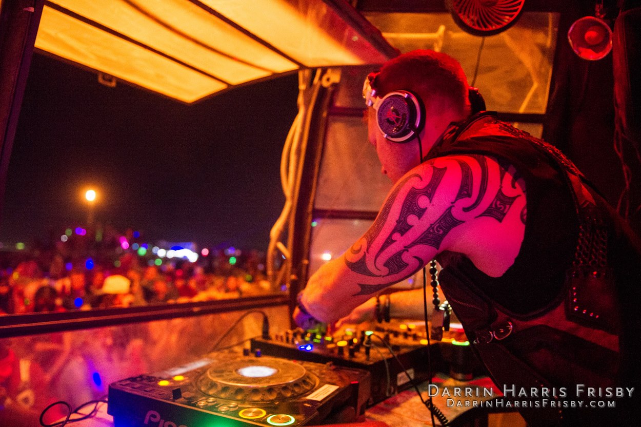 Carl Cox performing inside the Opulent Temple DJ booth at Burning Man 2012