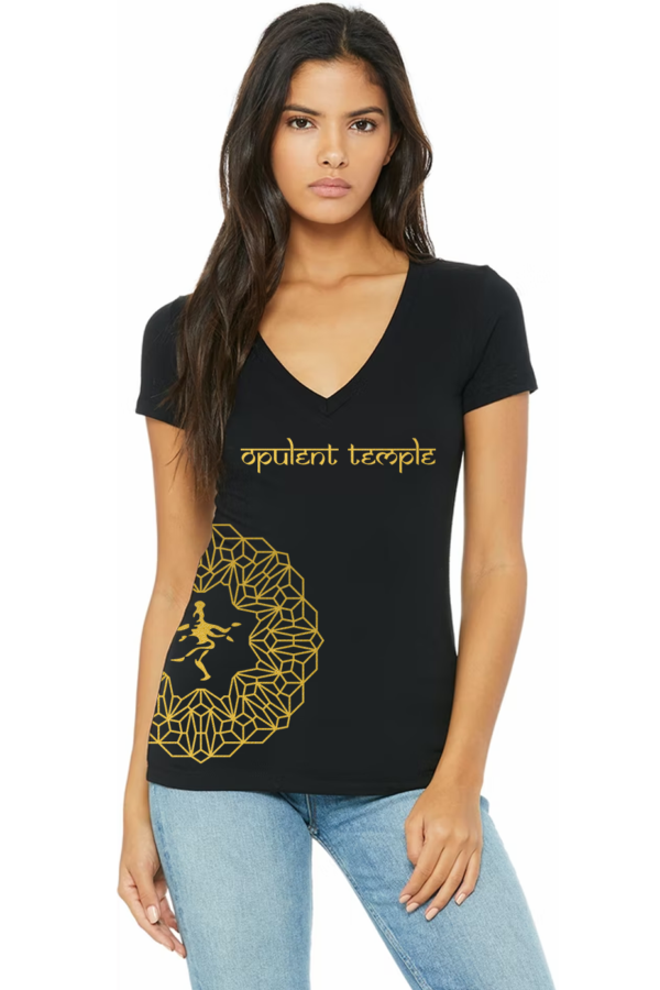 Opulent Temple Asymmetrical Gold Foil Ladies T-Shirt - Front